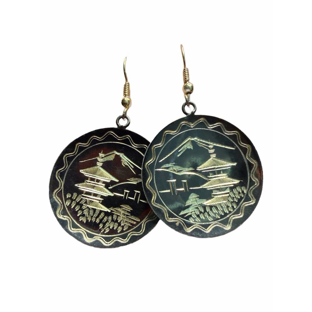 vintage Japanese Amita damascene Mt Fuji Silver Earrings